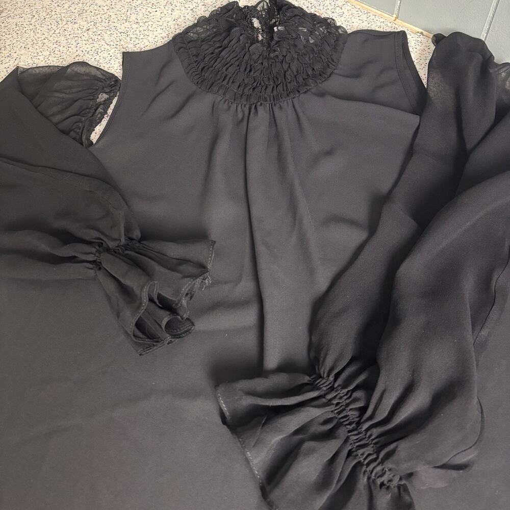 LOLA & SOPHIE 100% Silk Women’s Long Lace Sleeve Black Top Medium Tank Blouse - Picture 9 of 9